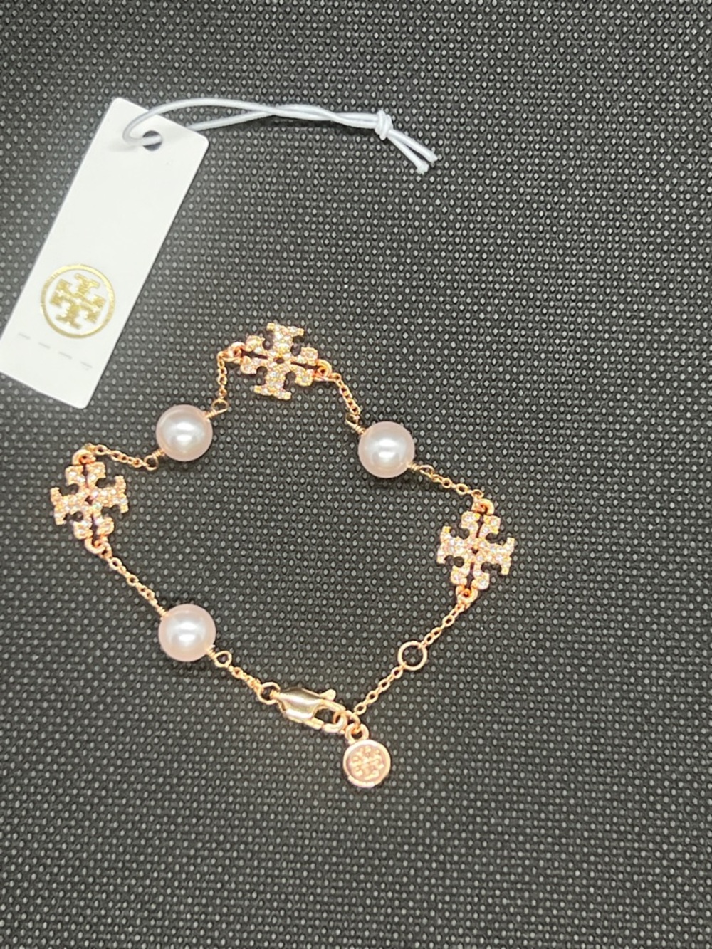 Tory Burch Rose Gold Pearl and Logo Station Bracelet